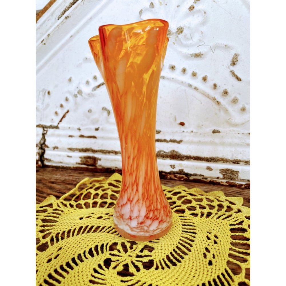 Vintage Art Glass Stretch Vase Ruffled Spattered End of Day MCM Orange